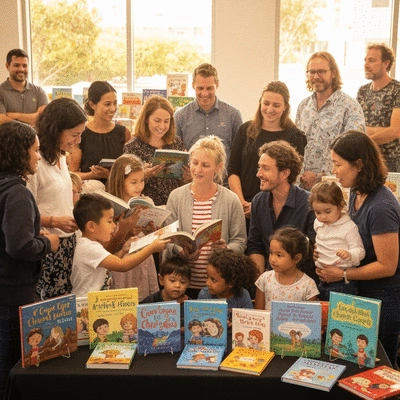 Community members engaging with an emerging Australian children's author at a book event