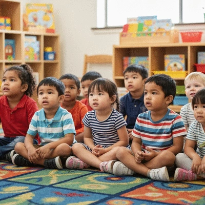 Preschool children listening intently to a storyteller, sitting on a colorful rug in a bright classroom