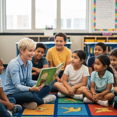 Teacher engaging students with a storybook in a bright classroom