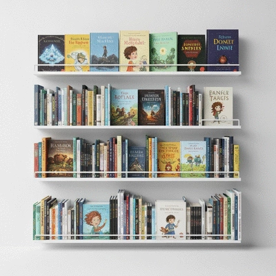 Neatly arranged collection of diverse children's books on a shelf