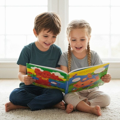Two young children happily reading a colorful children's book together, bright and clean background, no text, no words, no typography, no labels, clean image