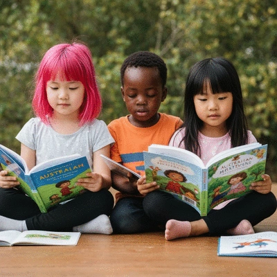 Diverse group of children from various backgrounds happily reading together, surrounded by colorful Australian children's books, natural light, no text, no words, no typography, 8K, clean image