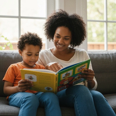 Parent and child reading a colorful storybook together on a cozy sofa, warm lighting