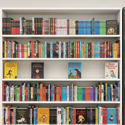 A shelf filled with diverse children's books, colorful spines, clean background, no text, no words, no typography, no labels, clean image