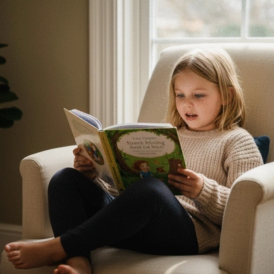 Child enthusiastically reading an award-winning children's book