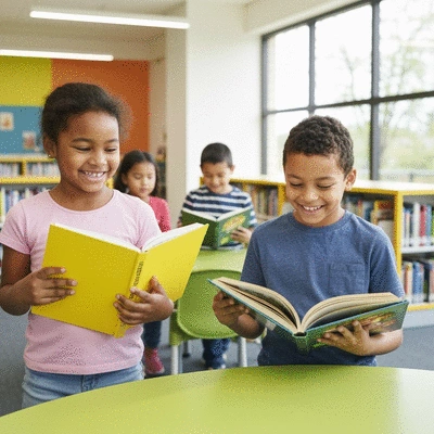 Children happily reading in a modern, colorful library setting