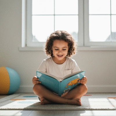 Child enthusiastically reading an age-appropriate book, smiling