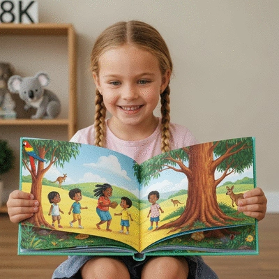 Child enthusiastically reading a picture book with vibrant illustrations, diverse characters, and an Australian setting, no text, no words, no typography, 8K, clean image