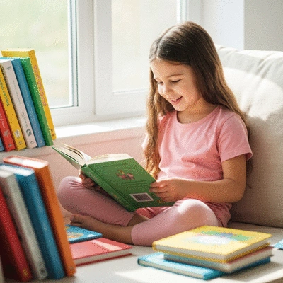 Child happily reading a book in a cozy setting